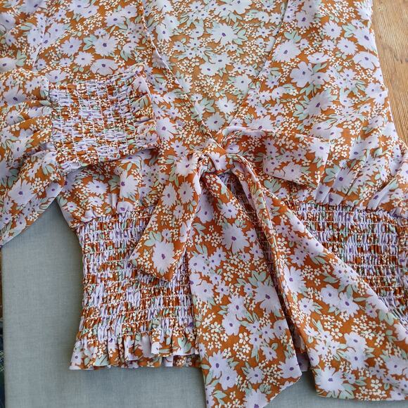 Forever 21 Sheer Floral Crop Top S orange purple festival smocked long sleeves - Picture 8 of 16